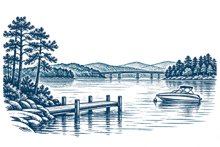 Line-art view of Logan Martin Lake near Lincoln, Alabama, with a dock, boat, bridge and wooded shoreline